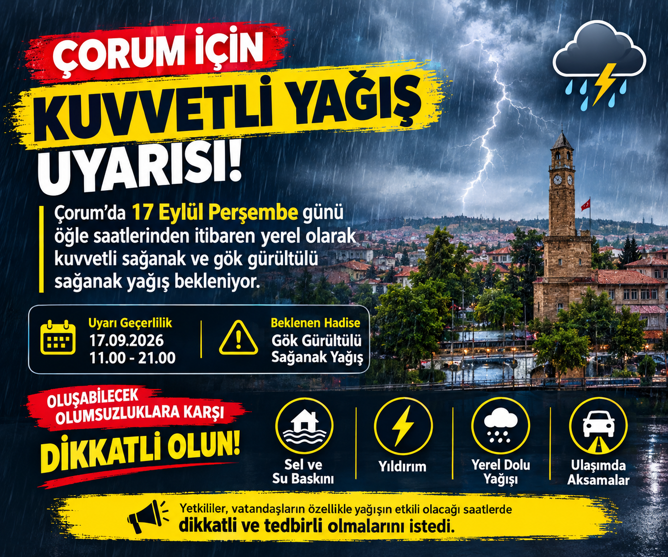 ÇORUM İÇİN SARI ALARM! KUVVETLİ SAĞANAK GELİYOR