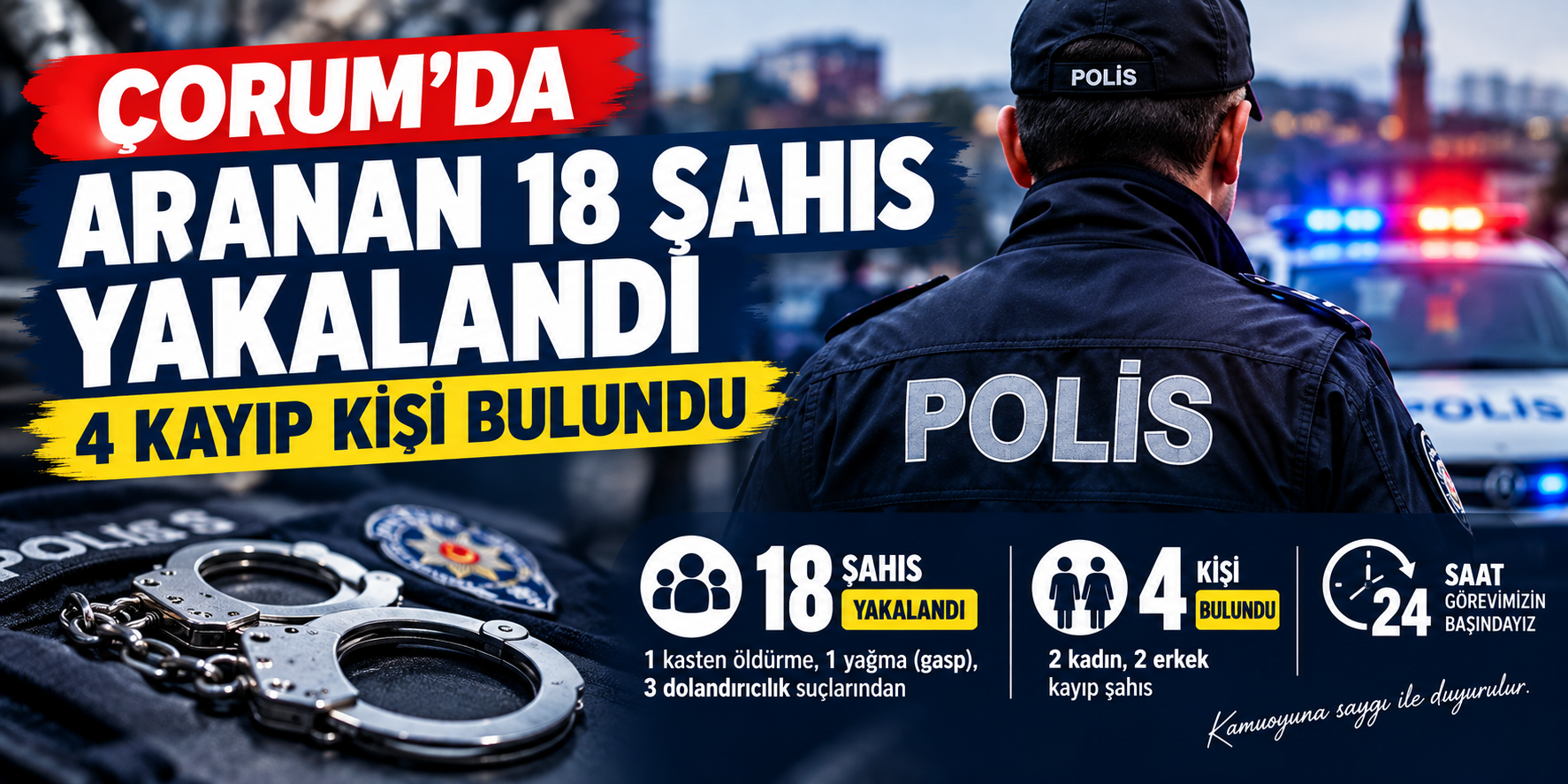 ÇORUM’DA ARANAN 18 ŞAHIS YAKALANDI, 4 KAYIP KİŞİ BULUNDU