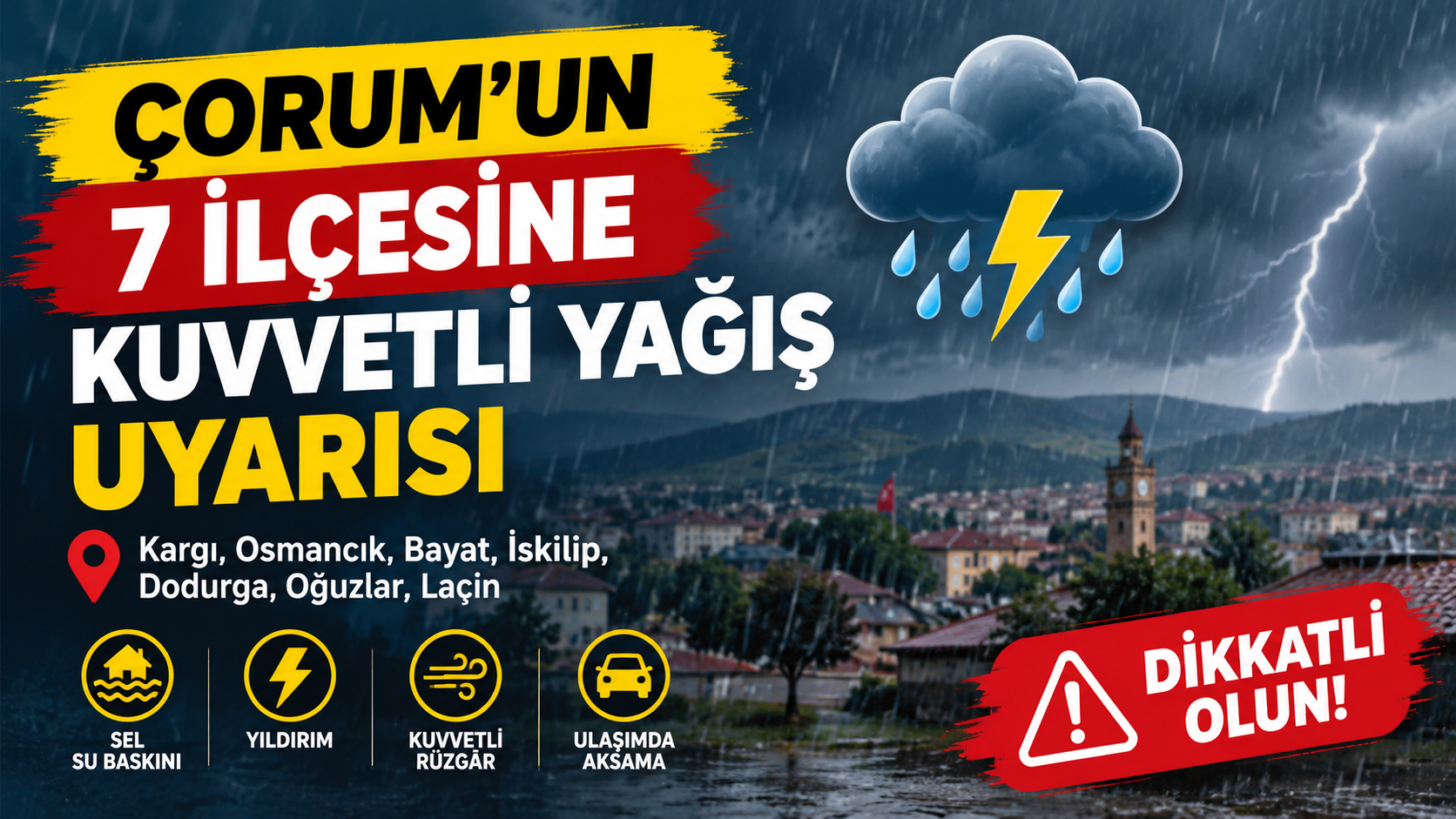 ÇORUM’UN KUZEY İLÇELERİ İÇİN KUVVETLİ YAĞIŞ UYARISI